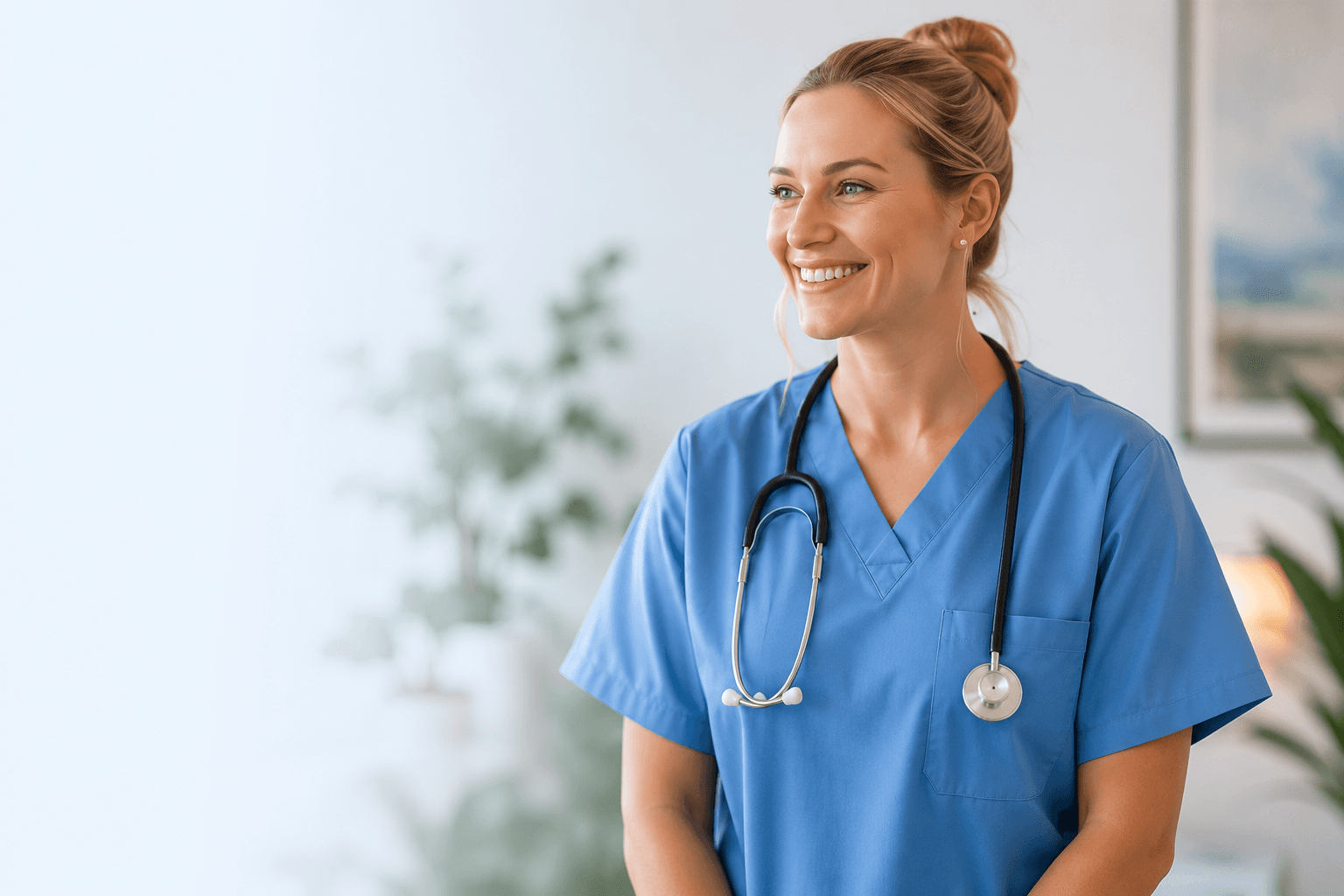 A smiling California nurse in blue scrubs